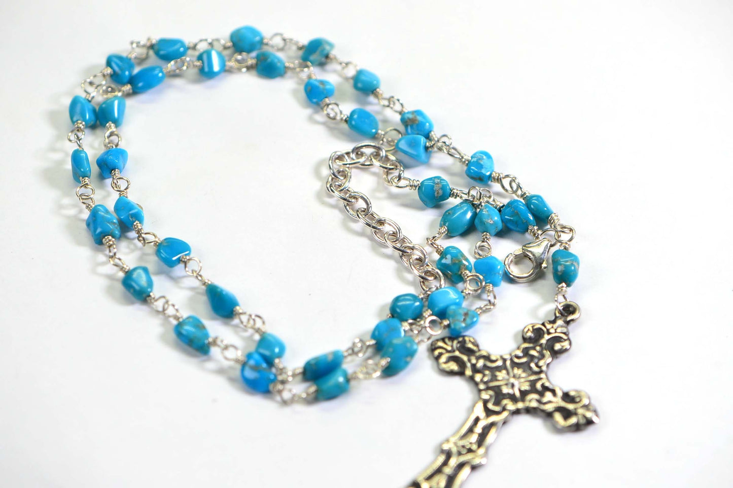 Sleeping Beauty Turquoise Rosary Necklace: Sterling Silver Cross, December Birthstone