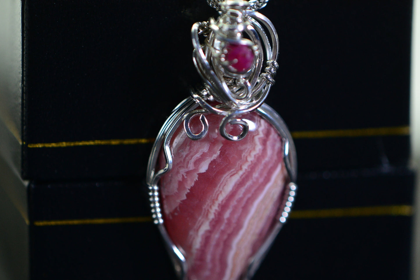 Rhodochrosite Teardrop Pendant, Handmade Sterling Silver Wire Wrapped Gemstone