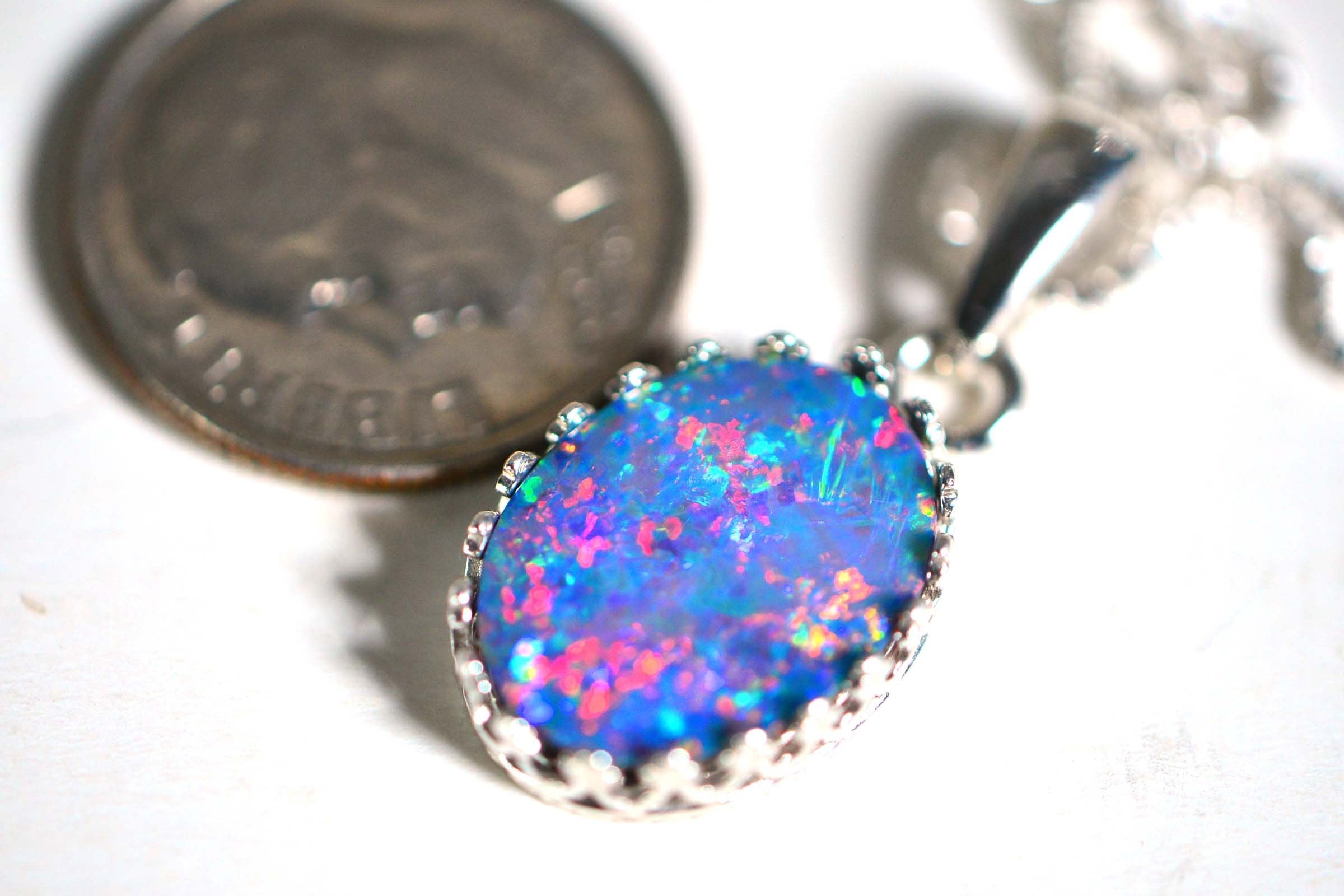 Australian Opal Necklace: Sterling Silver Bezel, Multi-Color Gemstone