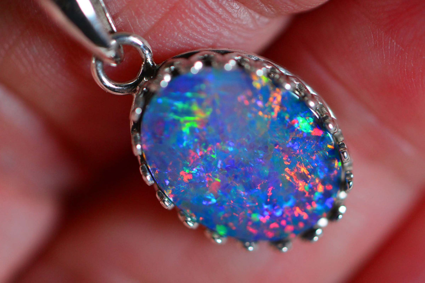 Australian Opal Necklace: Sterling Silver Bezel, Multi-Color Gemstone