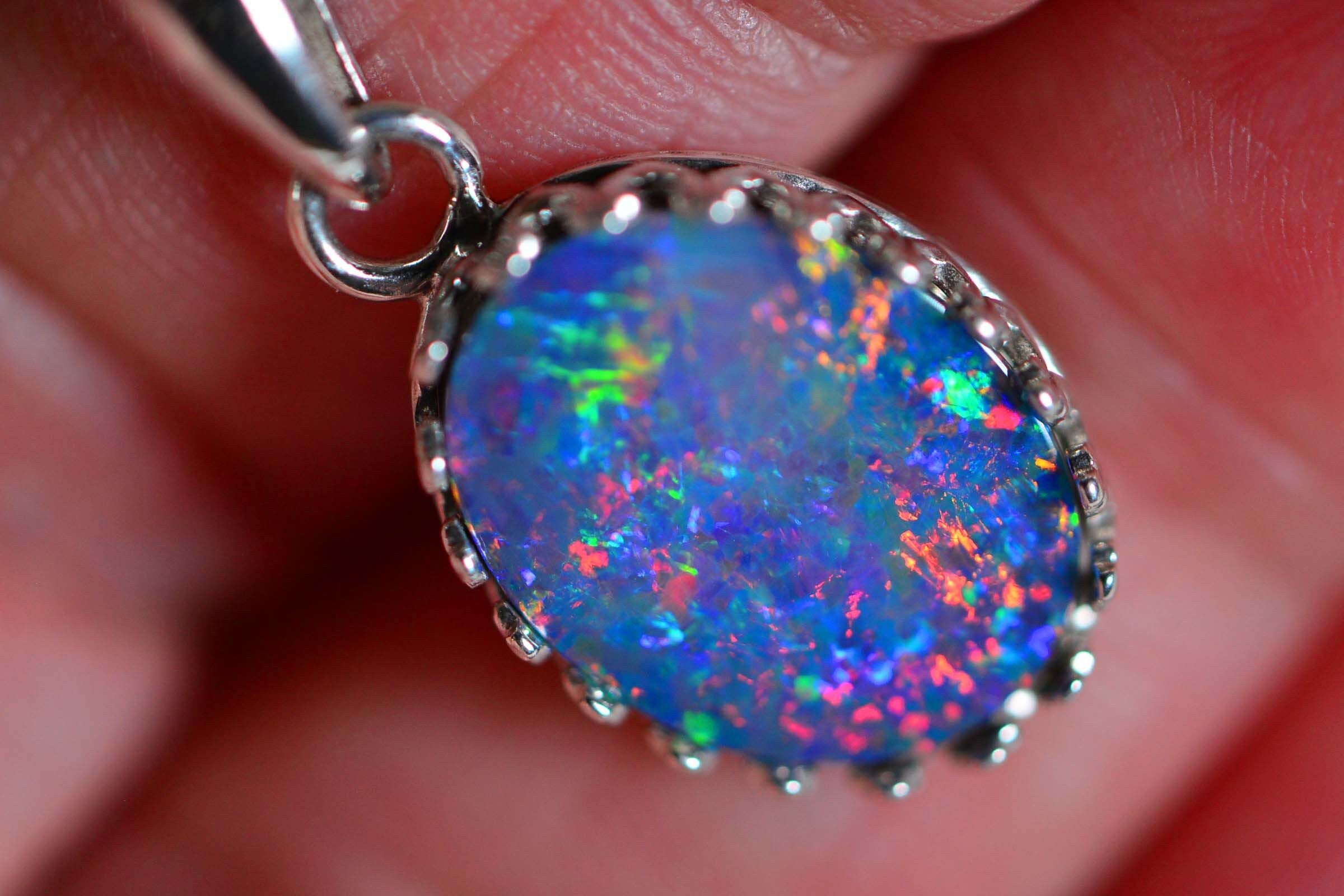 Australian Opal Necklace: Sterling Silver Bezel, Multi-Color Gemstone