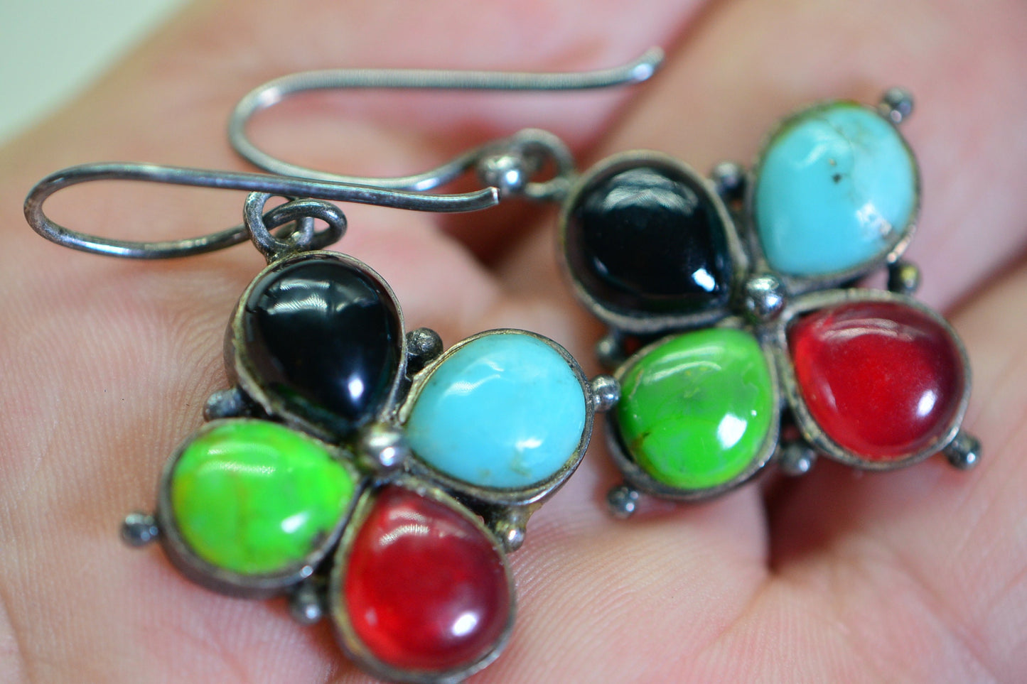1980s Vintage Sterling Silver Multi Stone Flower Earrings by Barse