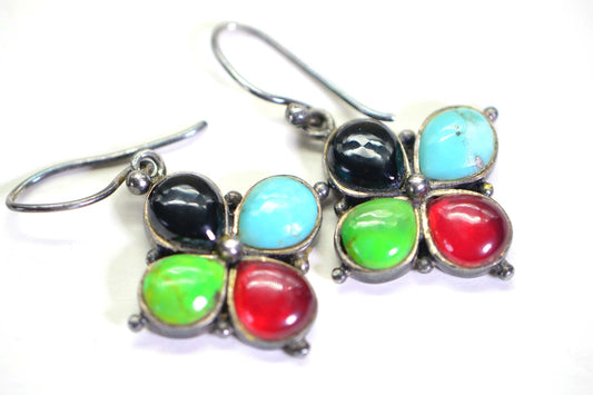 1980s Vintage Sterling Silver Multi Stone Flower Earrings by Barse