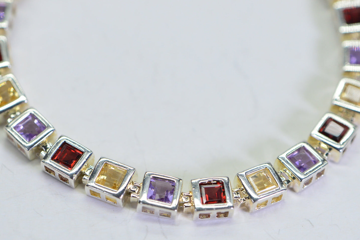 Multi Gemstone Tennis Bracelet: Princess Cut Sterling Silver Bezel Bracelet