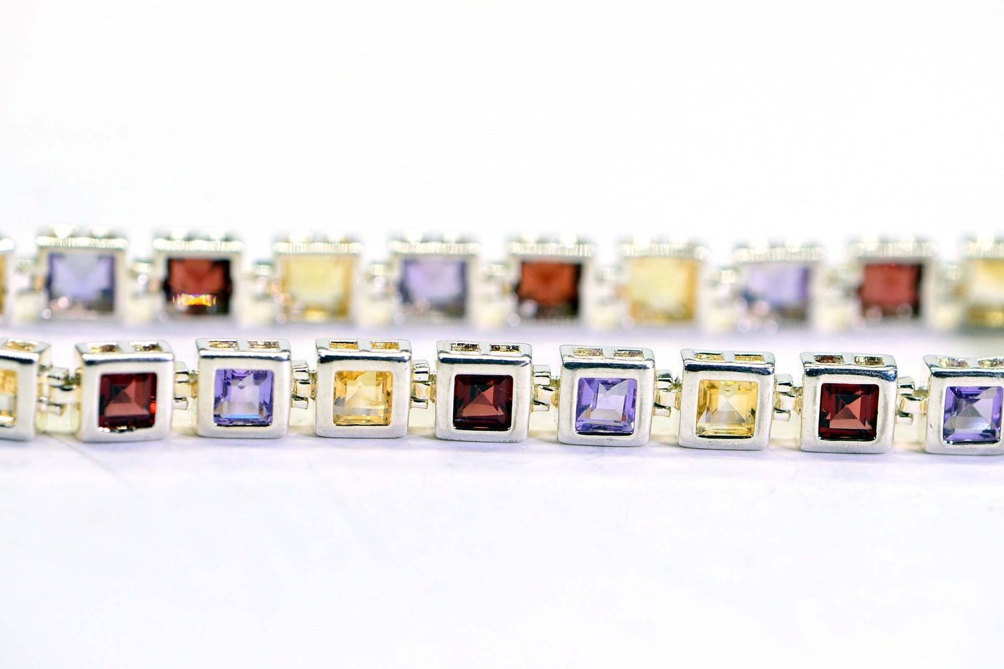 Multi Gemstone Tennis Bracelet: Princess Cut Sterling Silver Bezel Bracelet