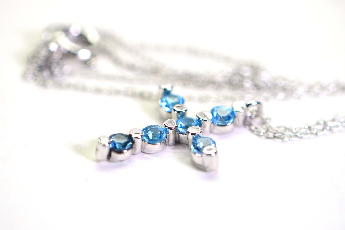 Blue Topaz Cross Pendant: Sterling Silver Cable Chain, Birthstone Jewelry