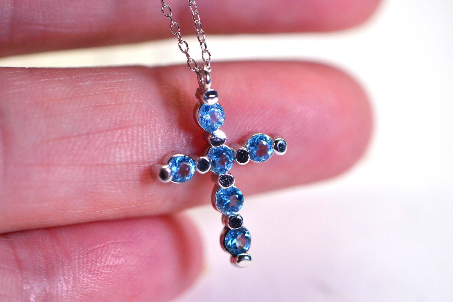 Blue Topaz Cross Pendant: Sterling Silver Cable Chain, Birthstone Jewelry