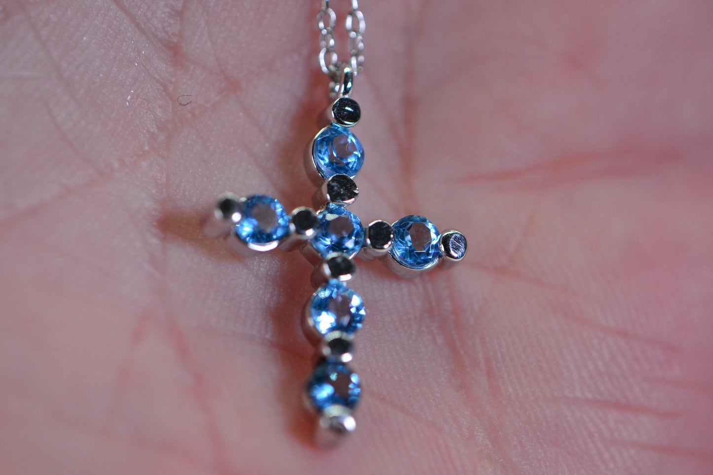 Blue Topaz Cross Pendant: Sterling Silver Cable Chain, Birthstone Jewelry
