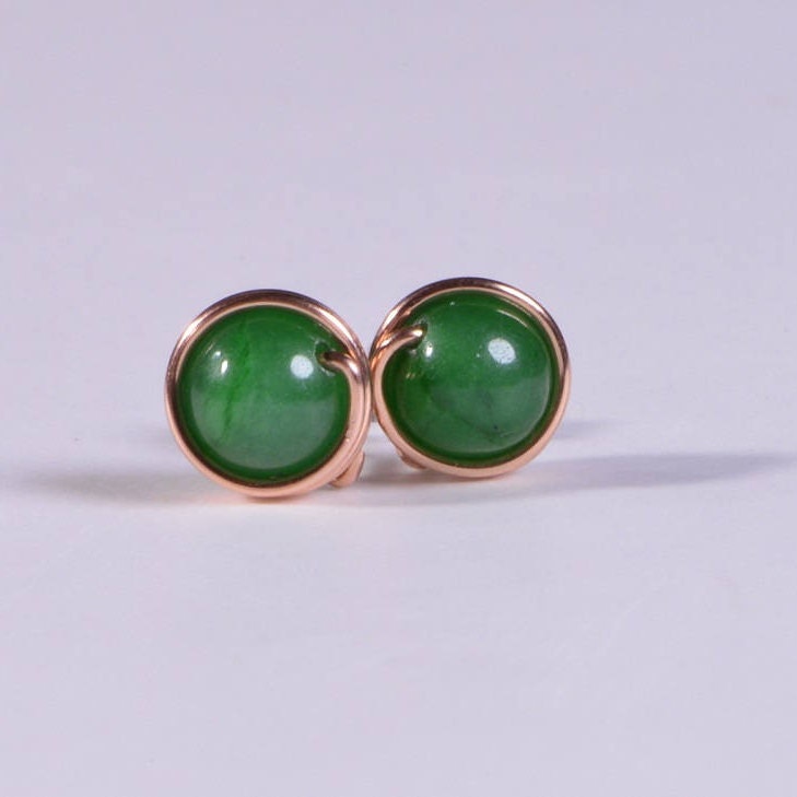 Green Jade Stud Earrings: Copper Wire Wrapped Post Earrings