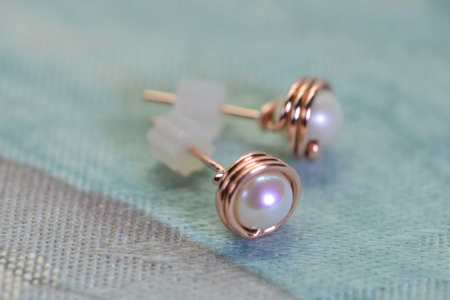 Natural White Pearl Handmade Copper Wire Wrapped Pearl Stud Earrings