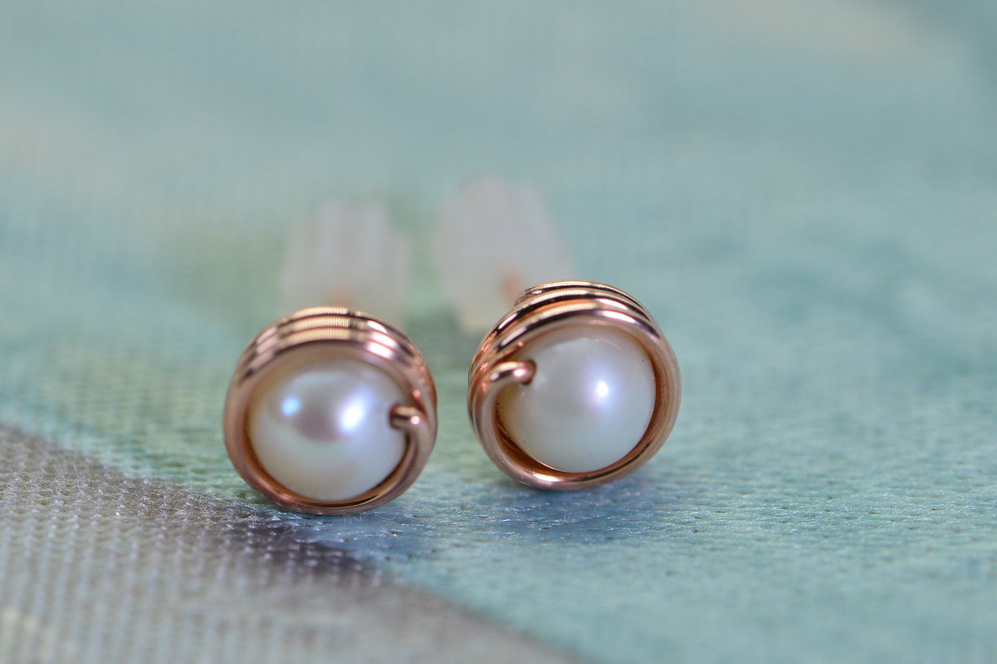 Natural White Pearl Handmade Copper Wire Wrapped Pearl Stud Earrings