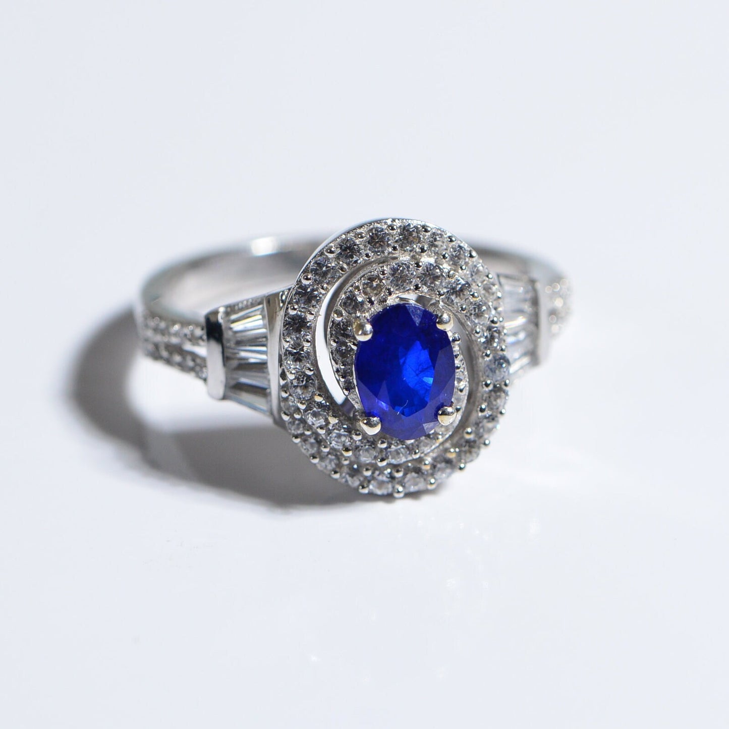 Blue Spinel White Topaz Zircon Rhodium over sterling silver Double Halo Style Promise Ring