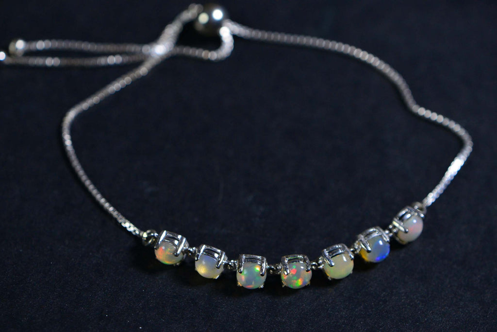 Ethiopian Opal Round 5mm  Sterling Silver Adjustable Bolo Bracelet For Women Birthstone October