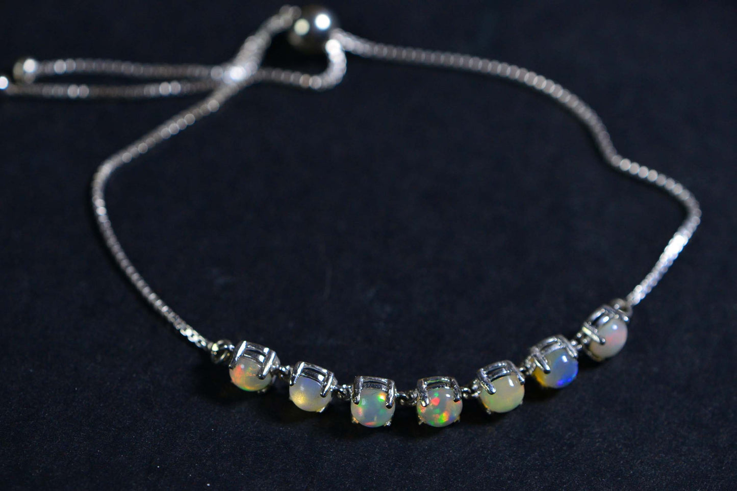 Ethiopian Opal Round 5mm  Sterling Silver Adjustable Bolo Bracelet For Women Birthstone October