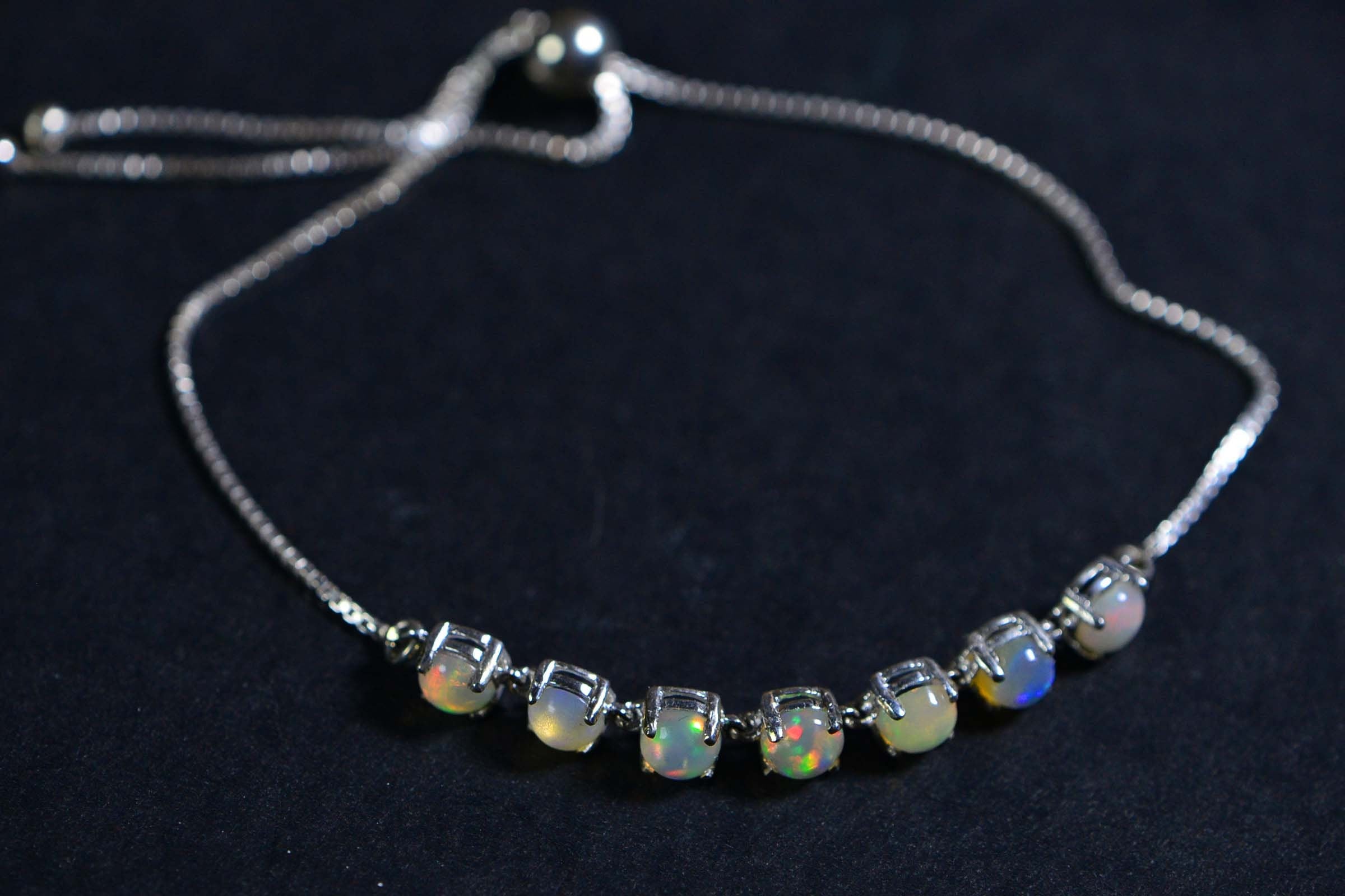 Ethiopian Opal Round 5mm  Sterling Silver Adjustable Bolo Bracelet For Women Birthstone October