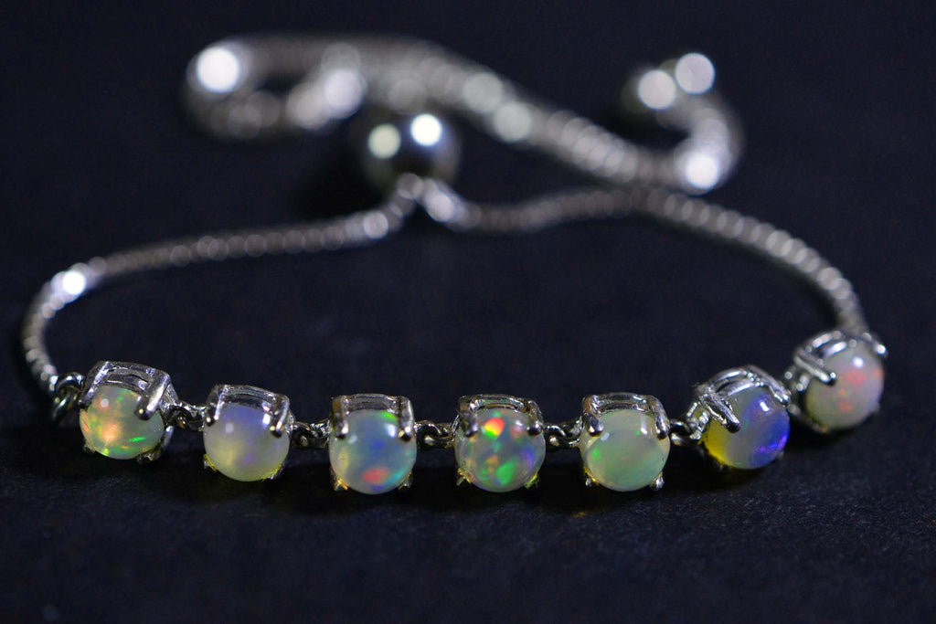 Ethiopian Opal Round 5mm  Sterling Silver Adjustable Bolo Bracelet For Women Birthstone October