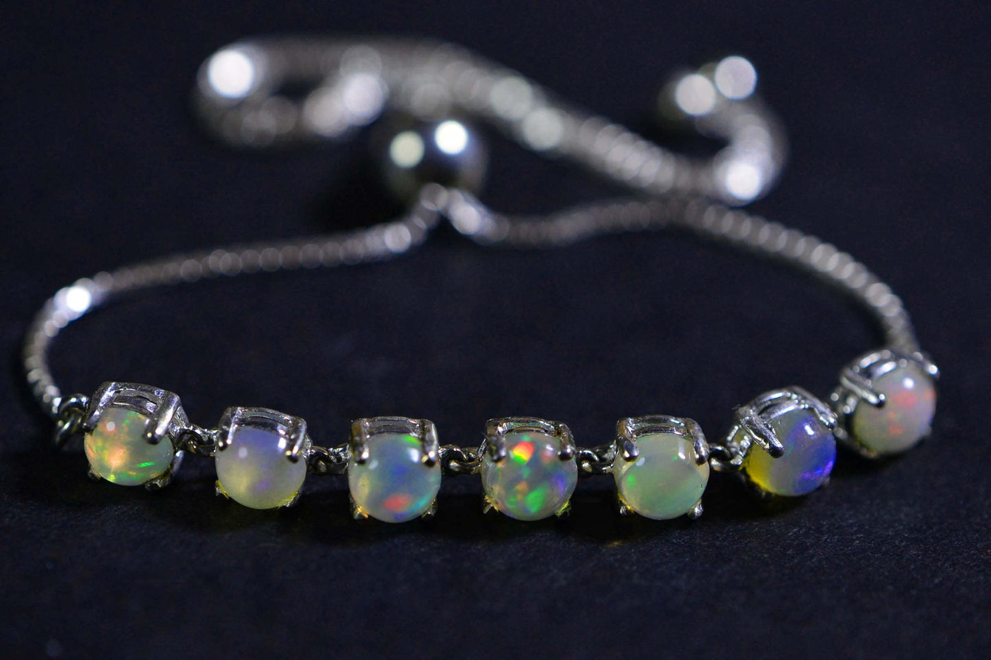 Ethiopian Opal Round 5mm  Sterling Silver Adjustable Bolo Bracelet For Women Birthstone October