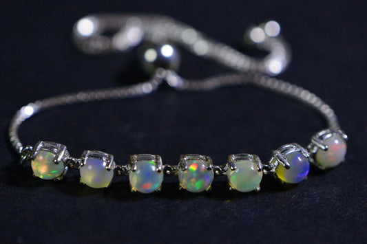 Ethiopian Opal Round 5mm  Sterling Silver Adjustable Bolo Bracelet For Women Birthstone October