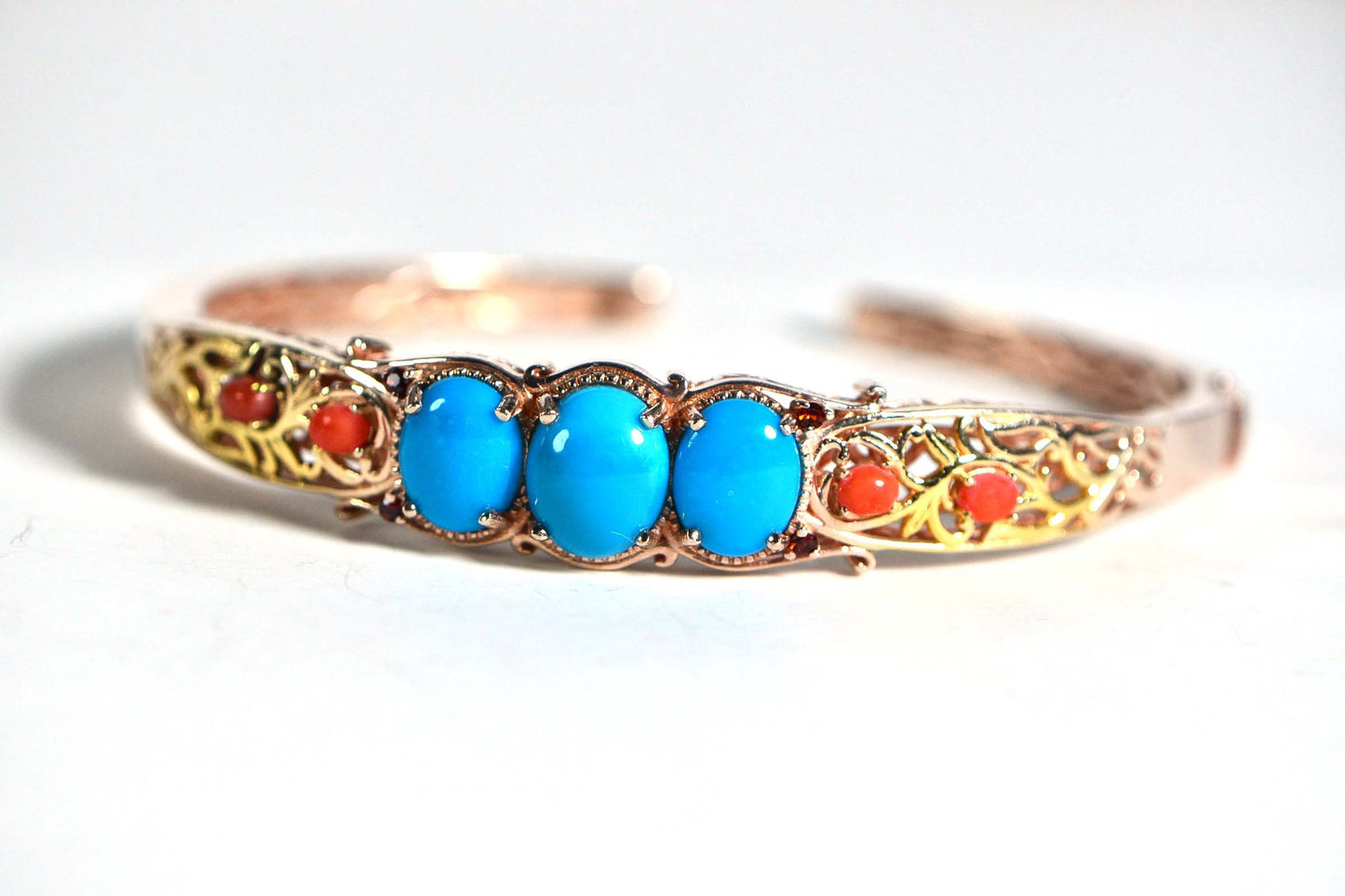 Arizona Turquoise Coral Bangle: Rose Gold Vermeil Filigree Cuff