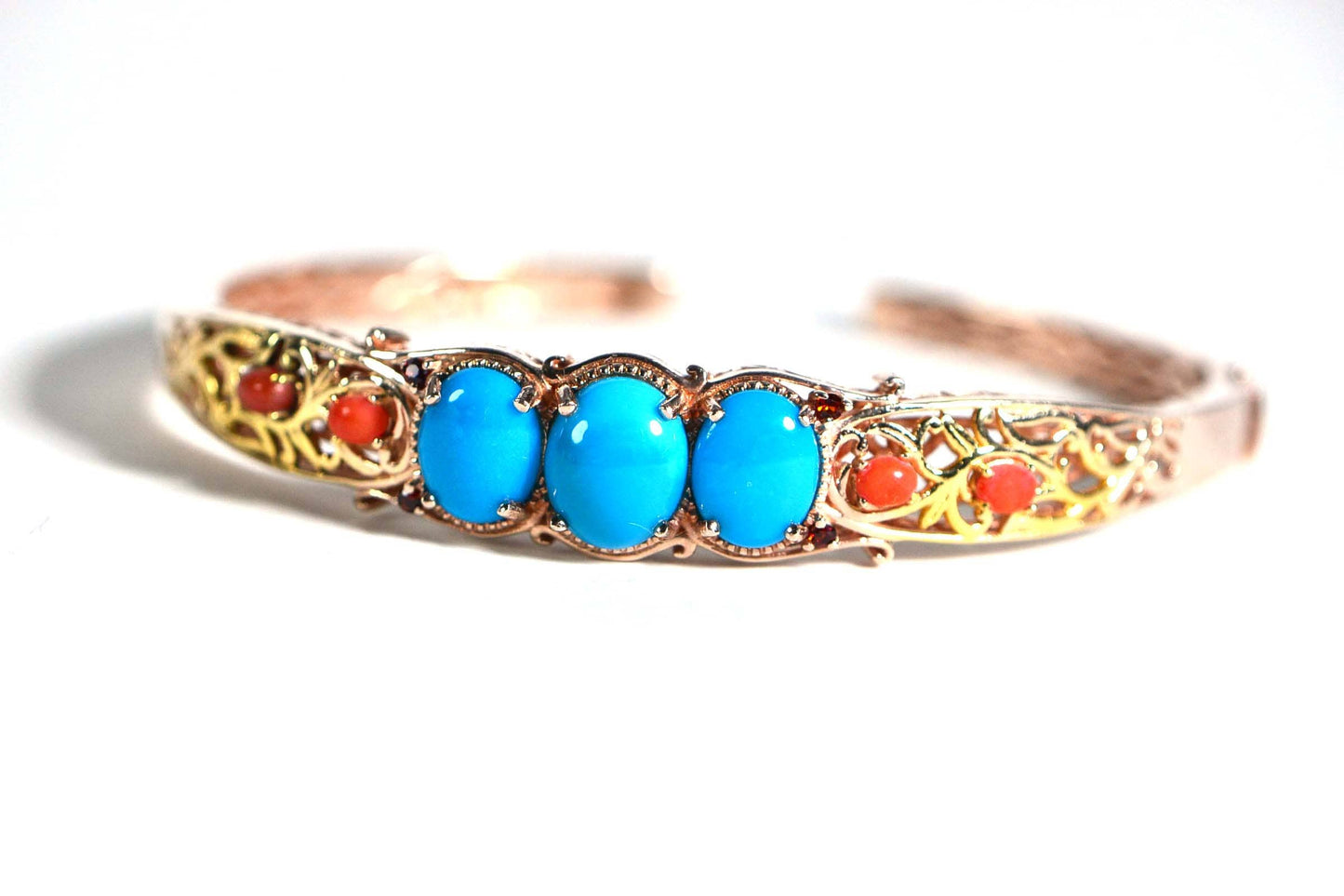 Arizona Turquoise Coral Bangle: Rose Gold Vermeil Filigree Cuff