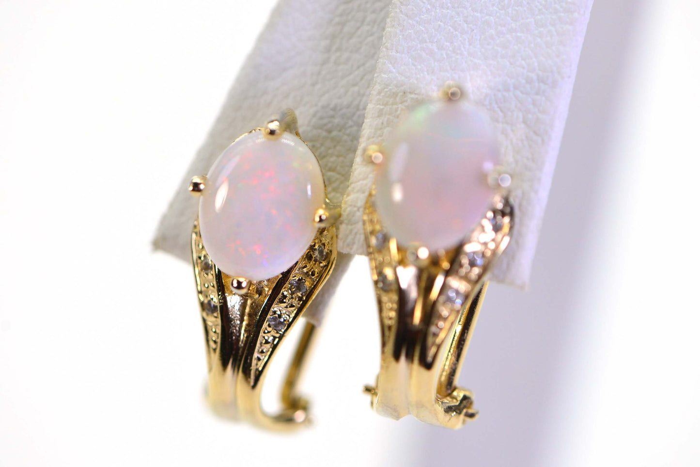 Australian White Opal Earrings, Simulated Diamond, 14K Gold Over Sterling Silver