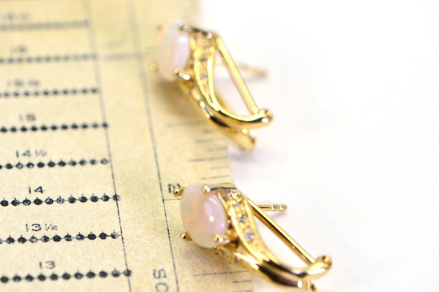 Australian White Opal Earrings, Simulated Diamond, 14K Gold Over Sterling Silver