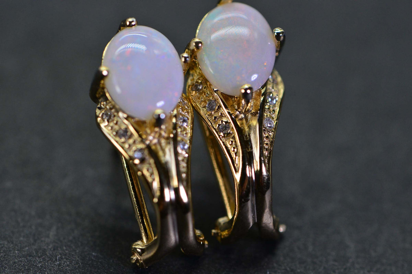 Australian White Opal Earrings, Simulated Diamond, 14K Gold Over Sterling Silver