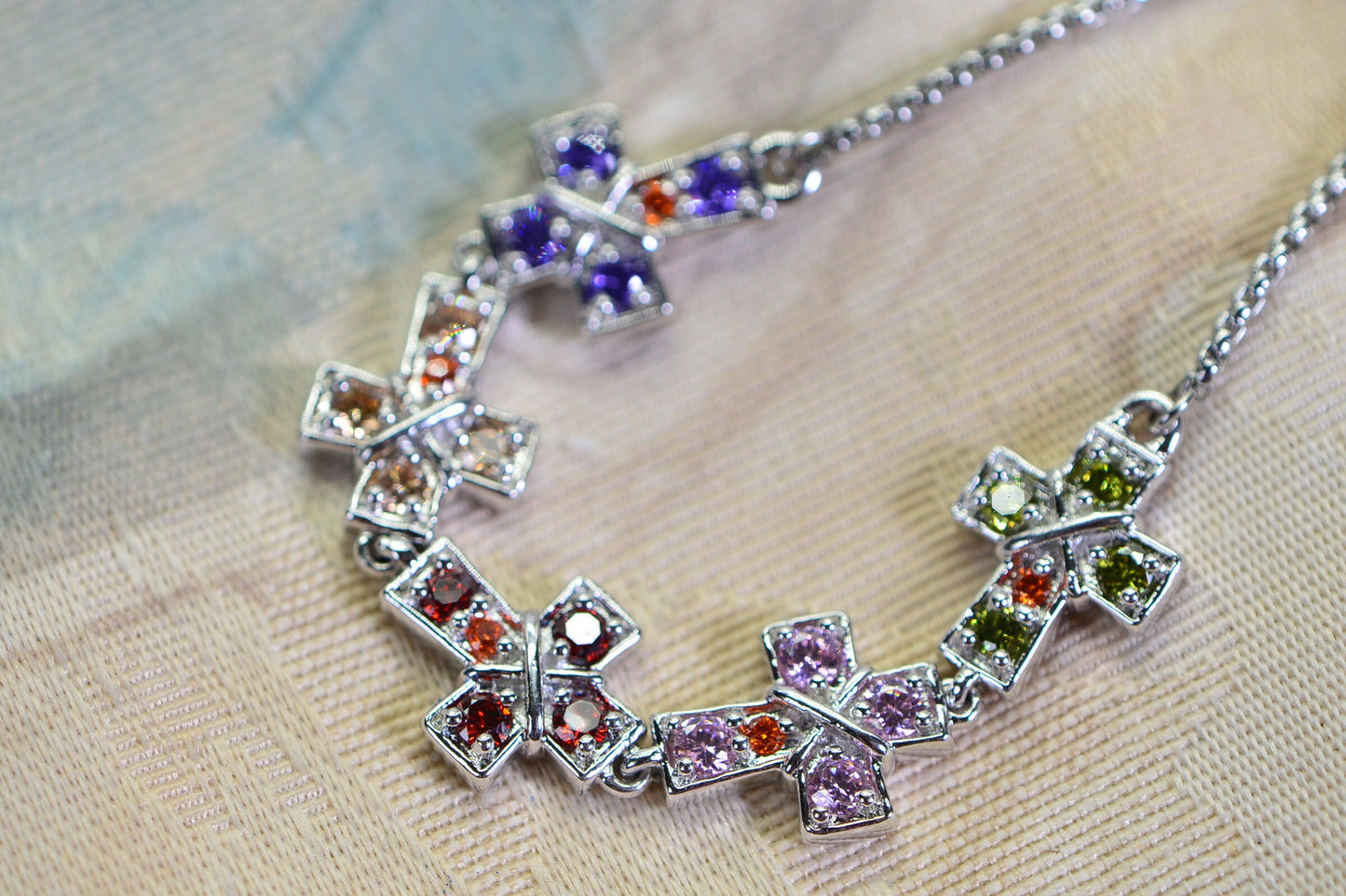 Rainbow Gemstone Cross Bracelet: Adjustable Bolo, 14K Gold Finish