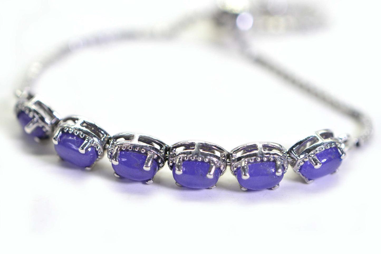 Purple Jade Bracelet: Sterling Silver Bolo, Milgrain Halo, Adjustable