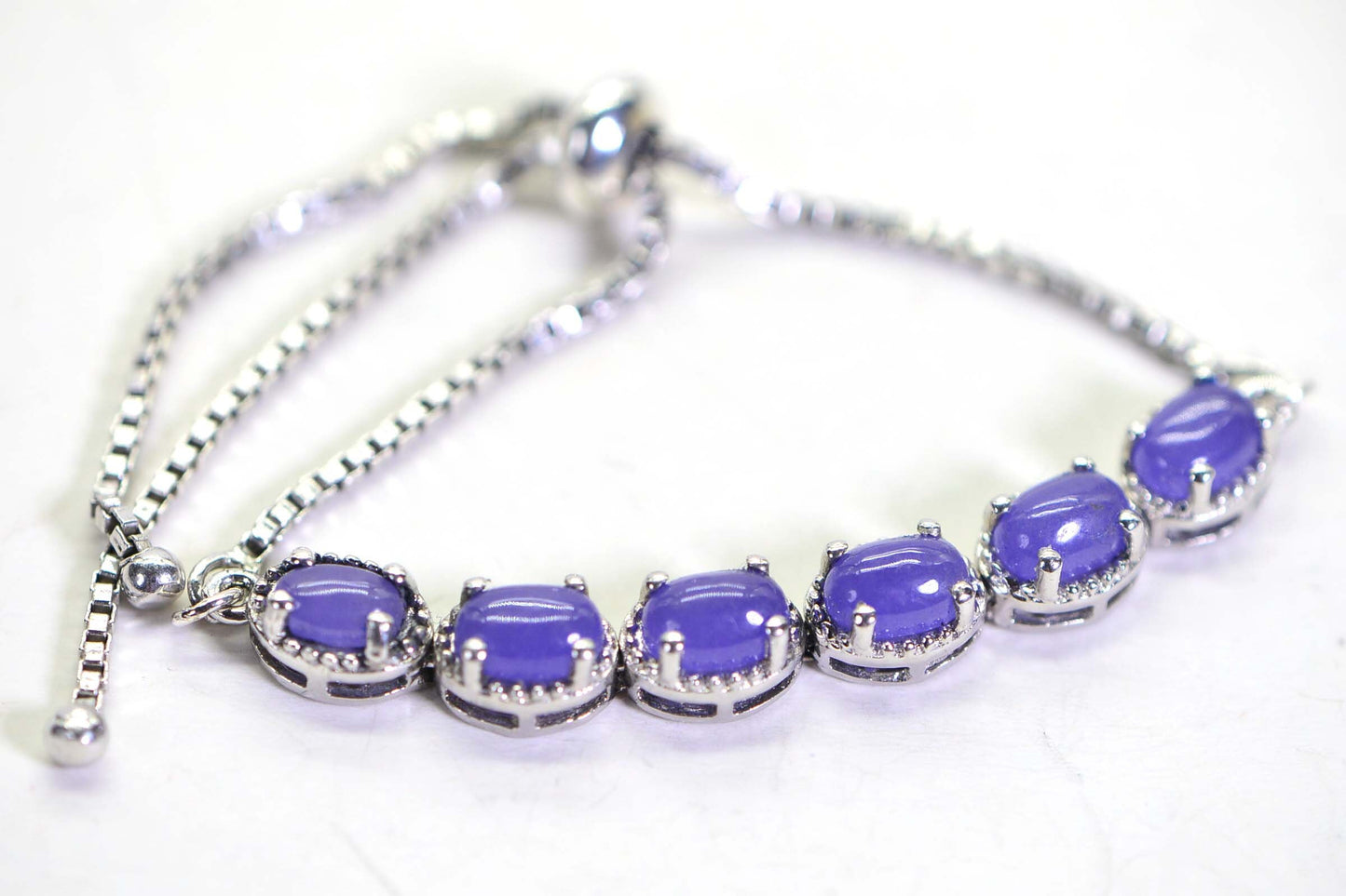 Purple Jade Bracelet: Sterling Silver Bolo, Milgrain Halo, Adjustable