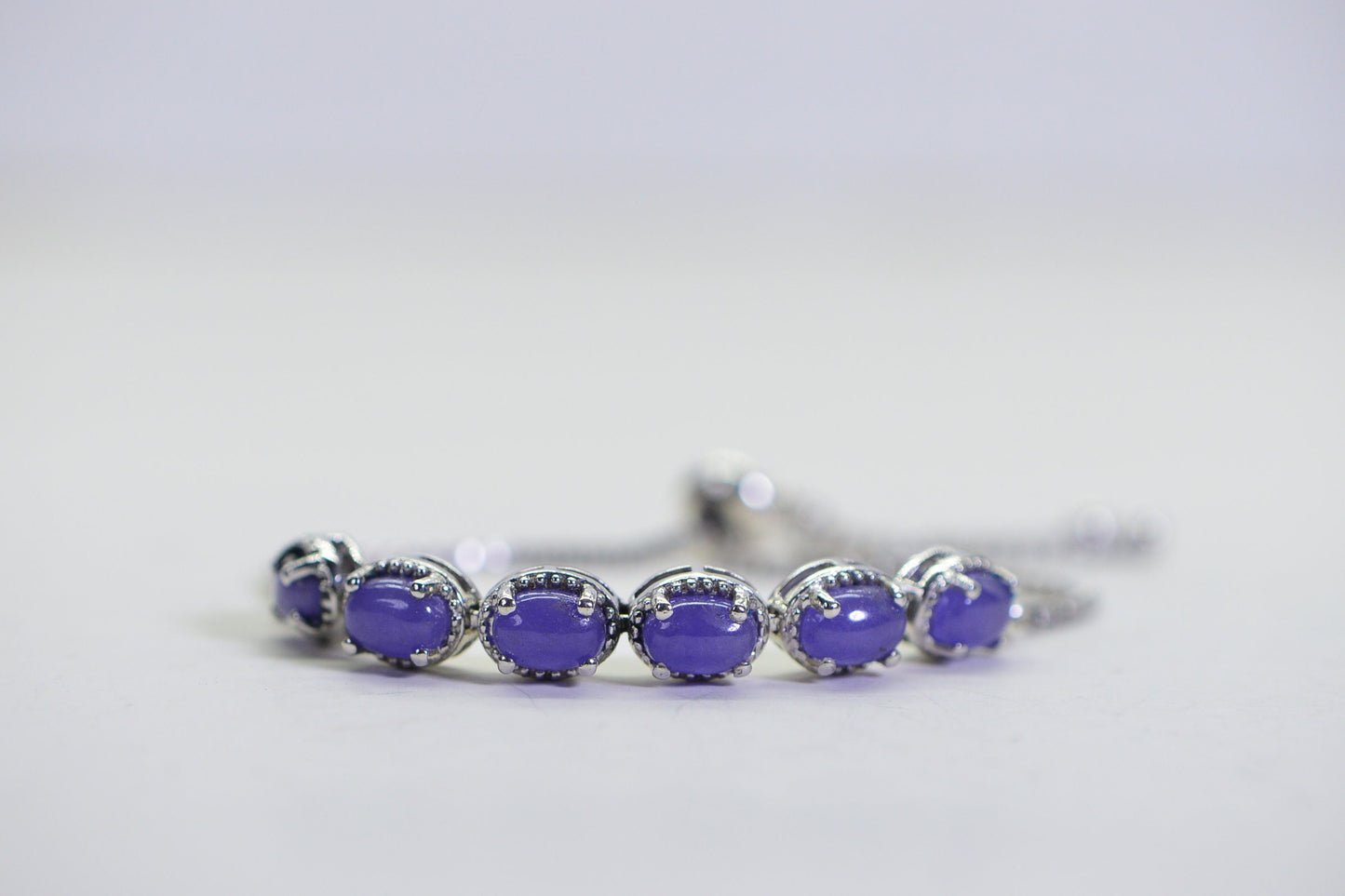 Purple Jade Bracelet: Sterling Silver Bolo, Milgrain Halo, Adjustable