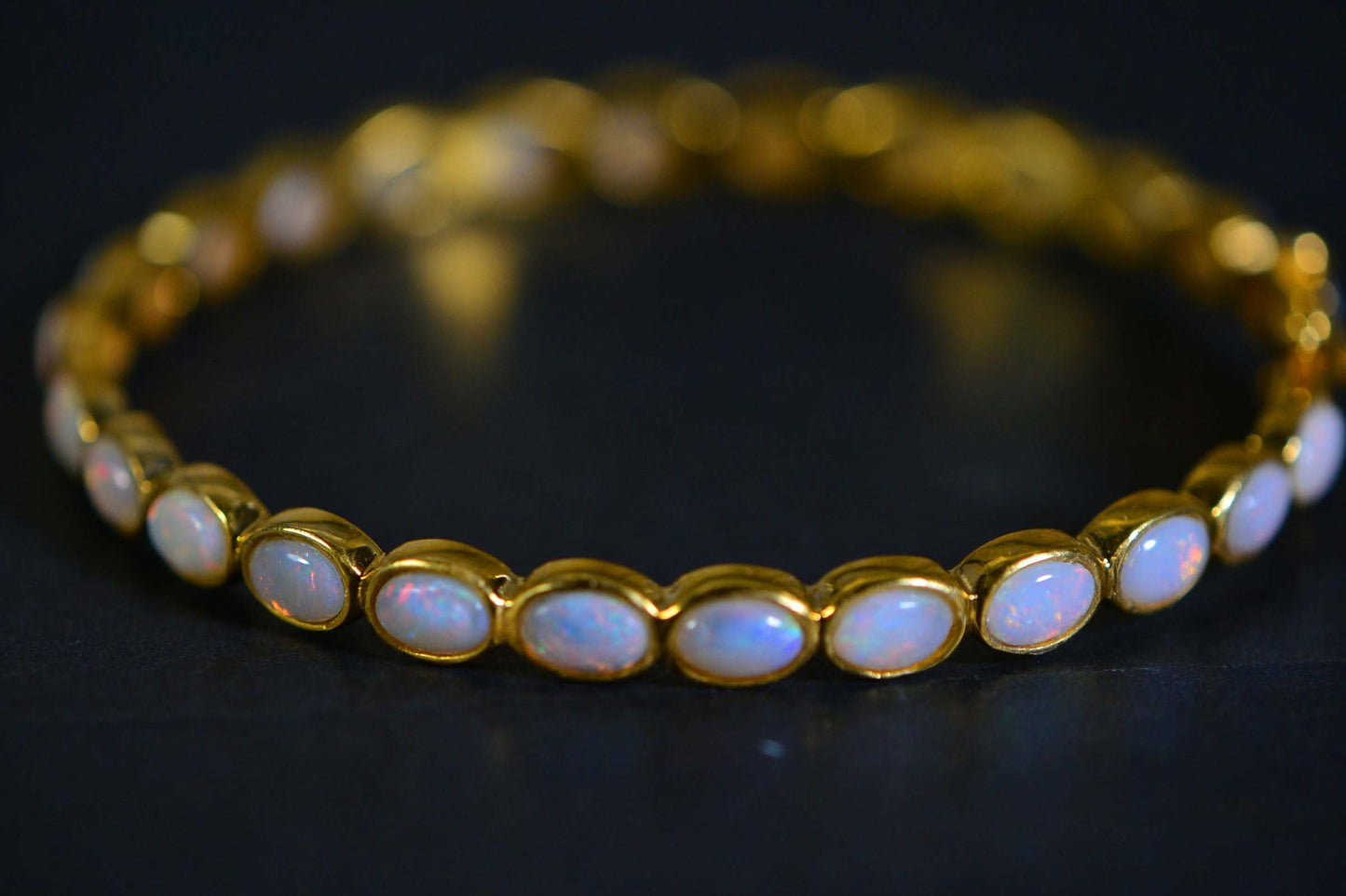 Australian Opal Bangle Bracelet: 24K Gold Over Sterling Silver