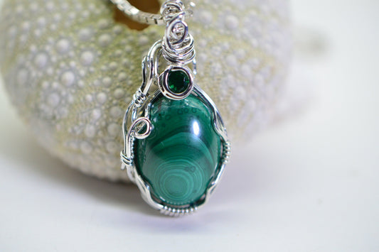 Wire Wrapped Malachite Pendant: Sterling Silver Gemstone Necklace