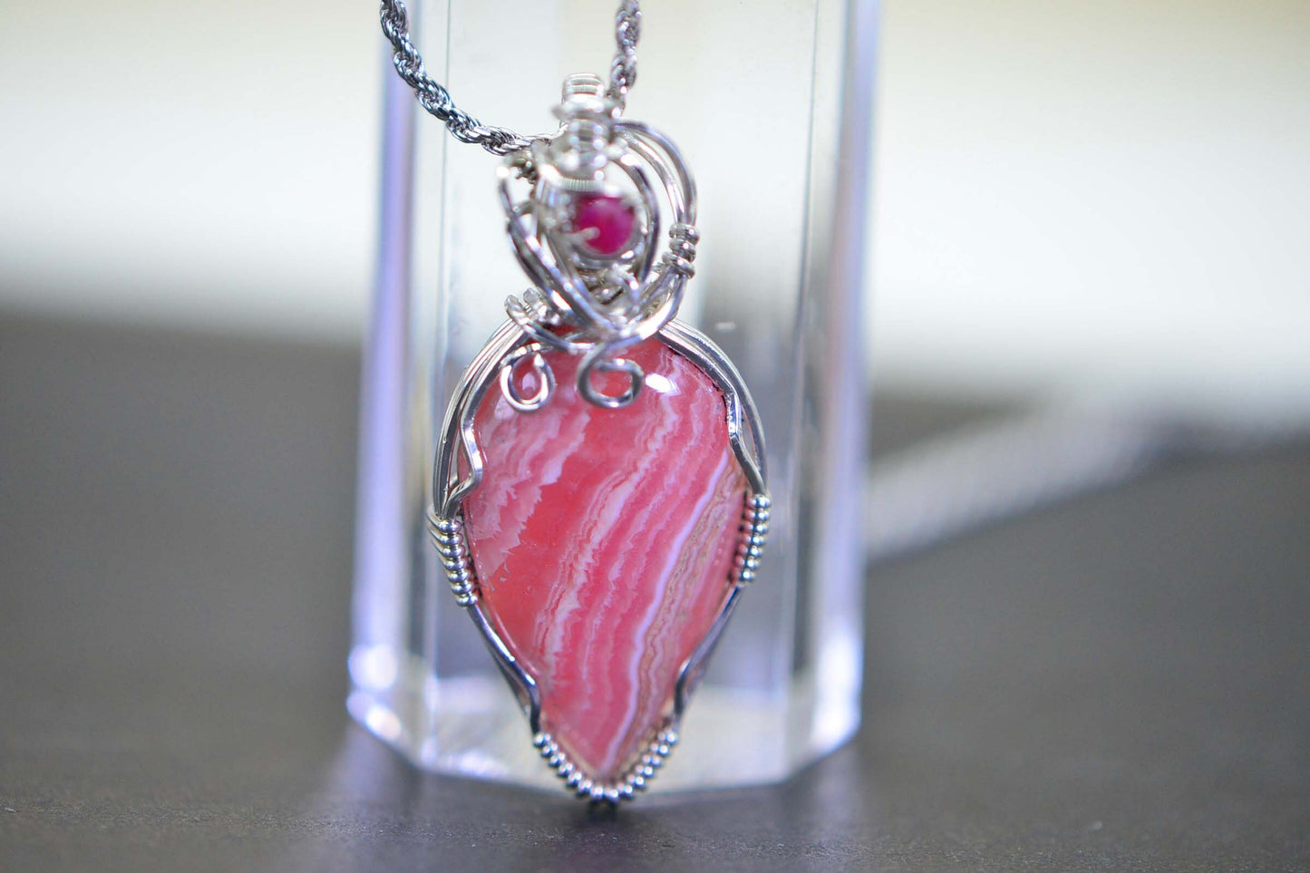 Rhodochrosite Teardrop Pendant, Handmade Sterling Silver Wire Wrapped Gemstone
