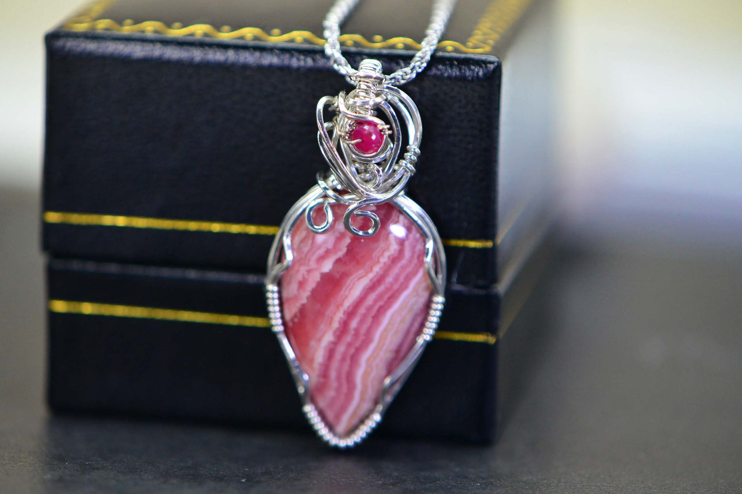 Rhodochrosite Teardrop Pendant, Handmade Sterling Silver Wire Wrapped Gemstone