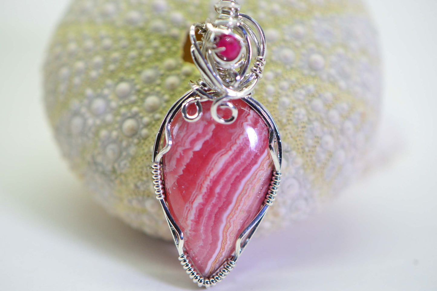 Rhodochrosite Teardrop Pendant, Handmade Sterling Silver Wire Wrapped Gemstone