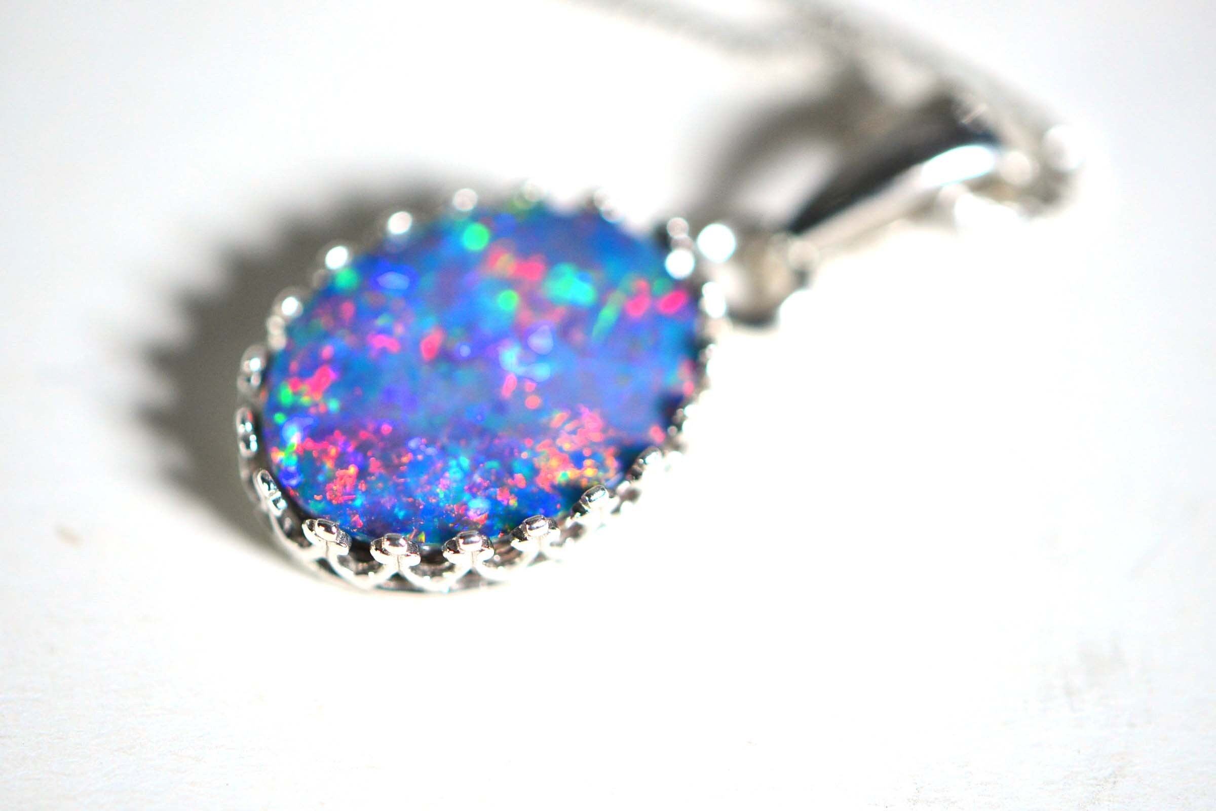 Australian Opal Necklace: Sterling Silver Bezel, Multi-Color Gemstone