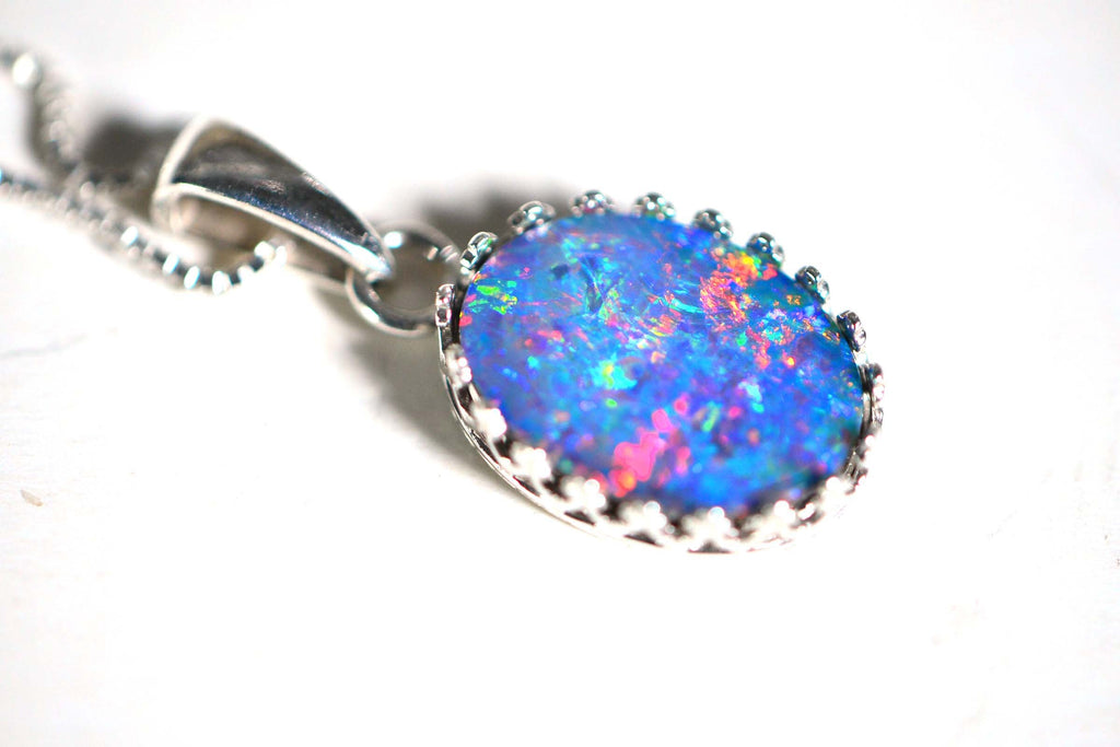 Australian Opal Necklace: Sterling Silver Bezel, Multi-Color Gemstone
