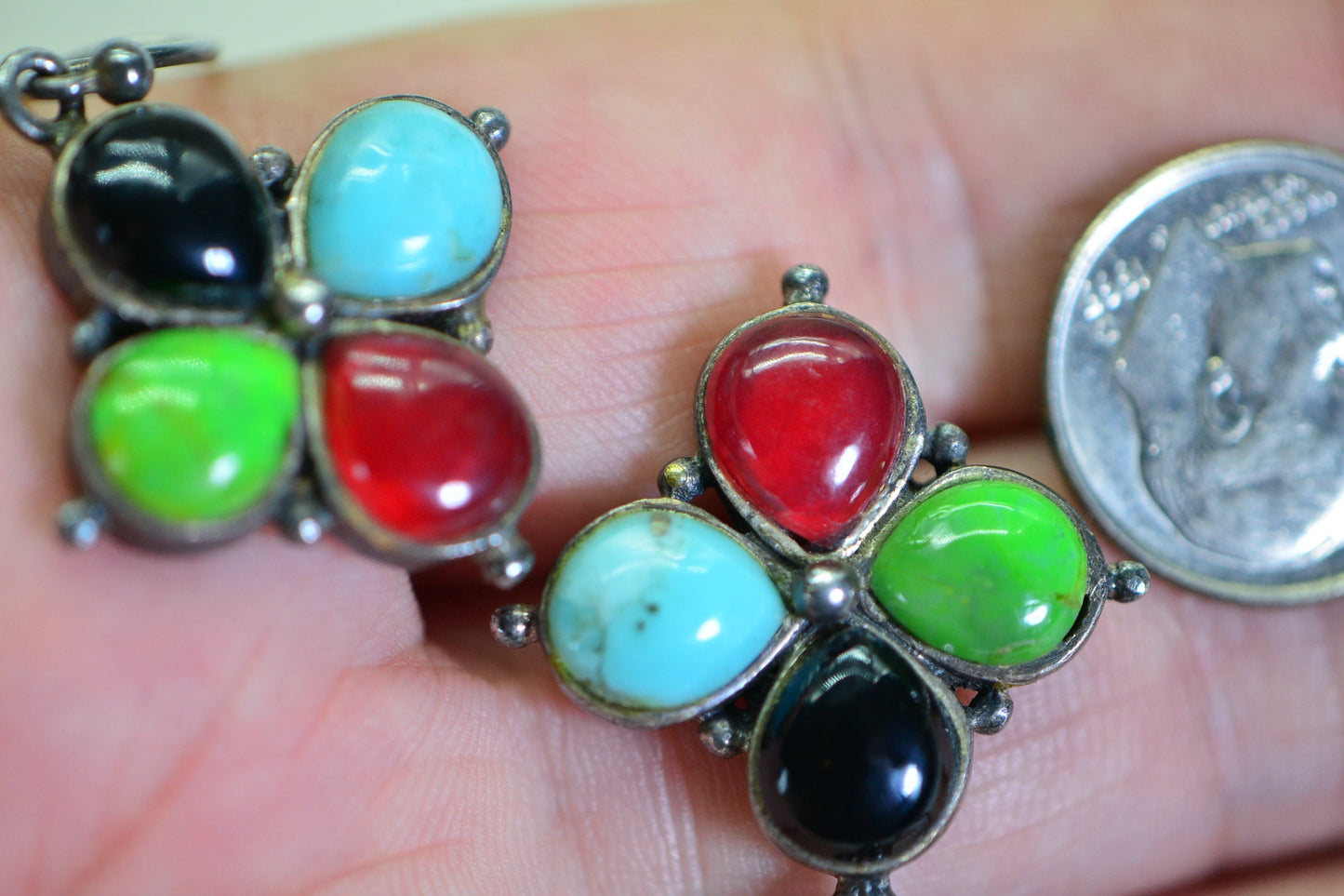 1980s Vintage Sterling Silver Multi Stone Flower Earrings by Barse