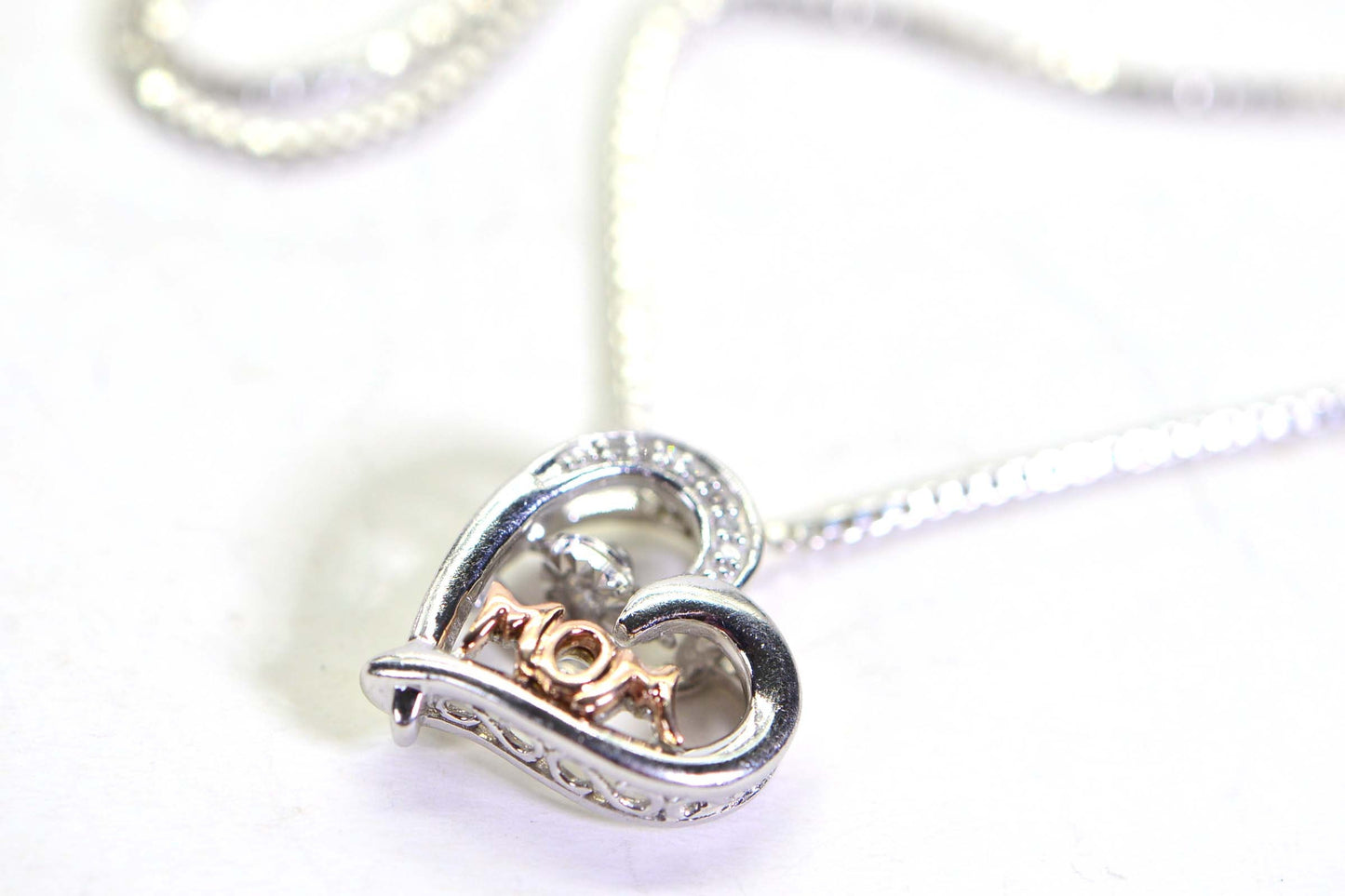 Diamond "Mom" Heart Pendant, 14K Gold & Sterling Silver