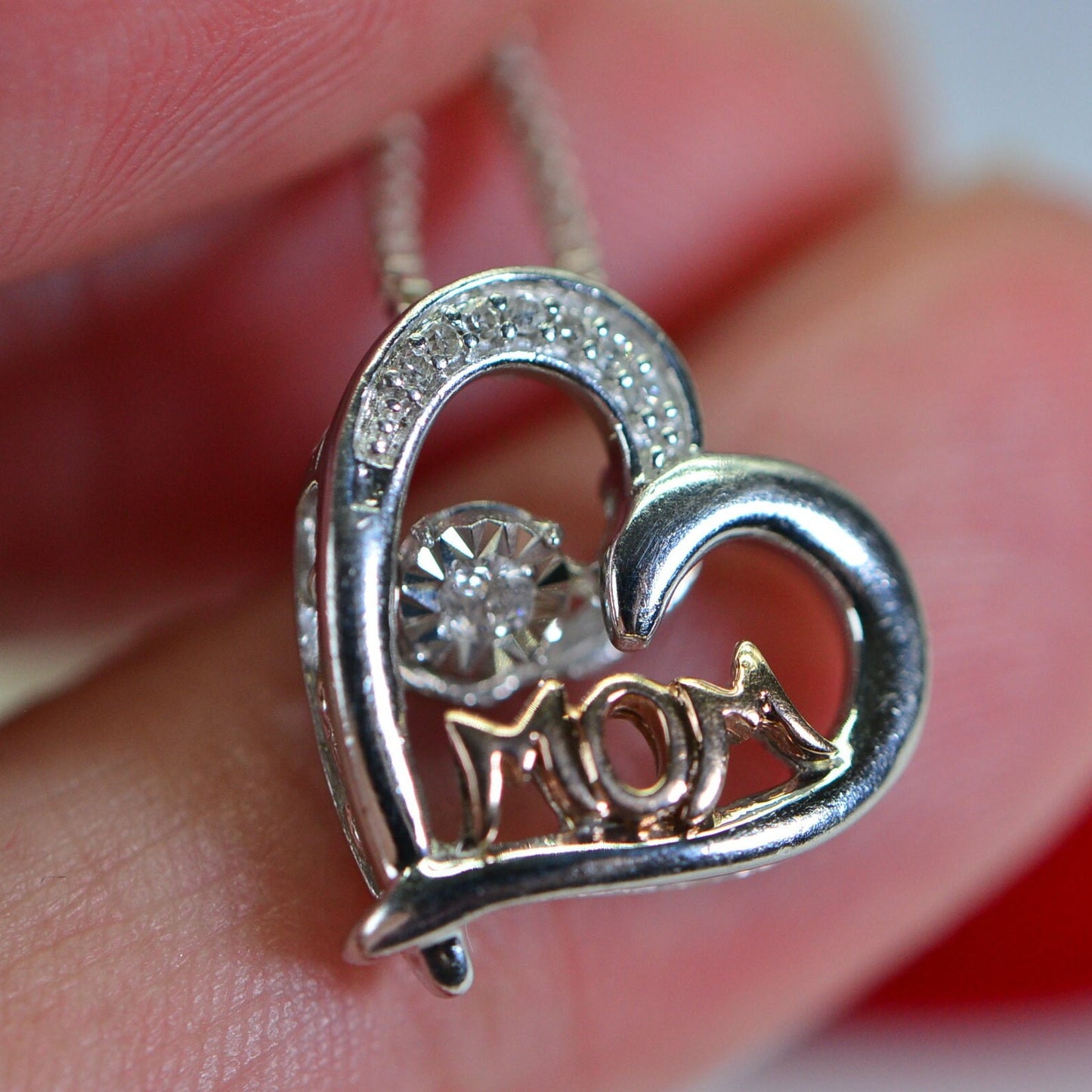 Diamond "Mom" Heart Pendant, 14K Gold & Sterling Silver