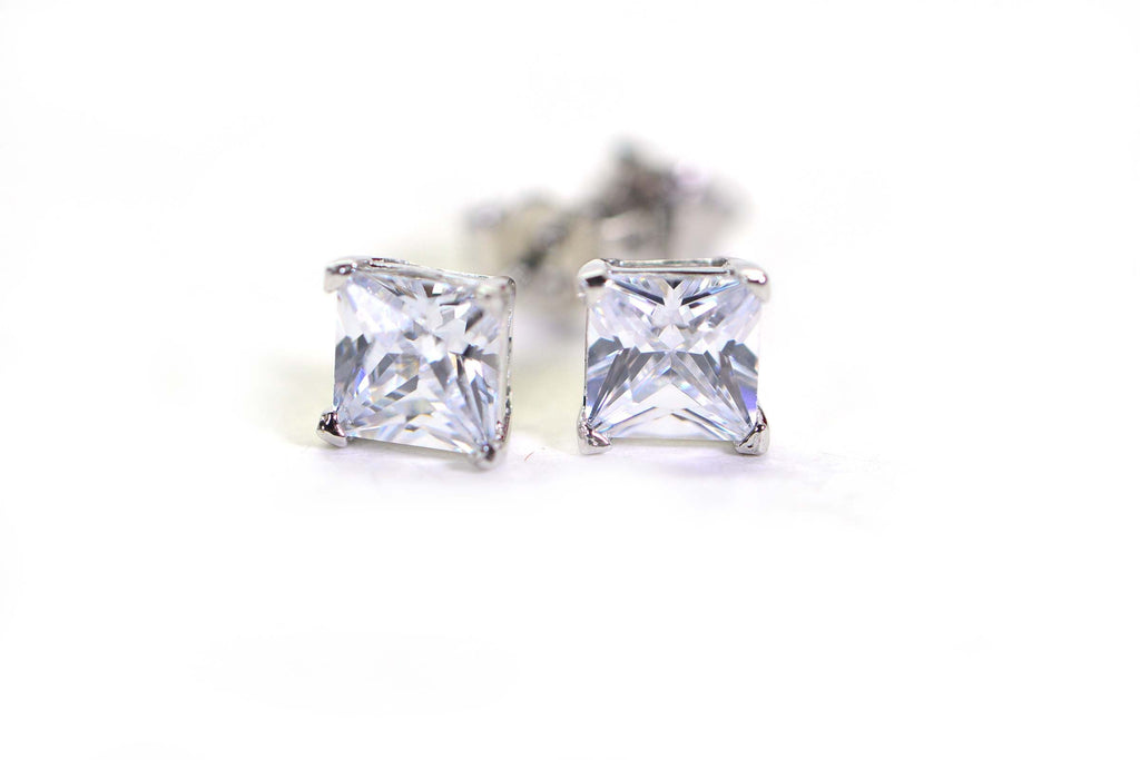 Princess Cut CZ Stud Earrings: Pink Topaz Color, Sterling Silver