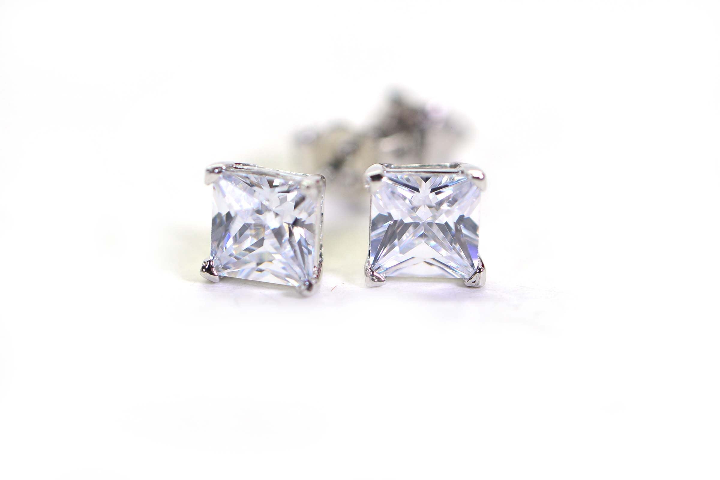 Princess Cut CZ Stud Earrings: Pink Topaz Color, Sterling Silver