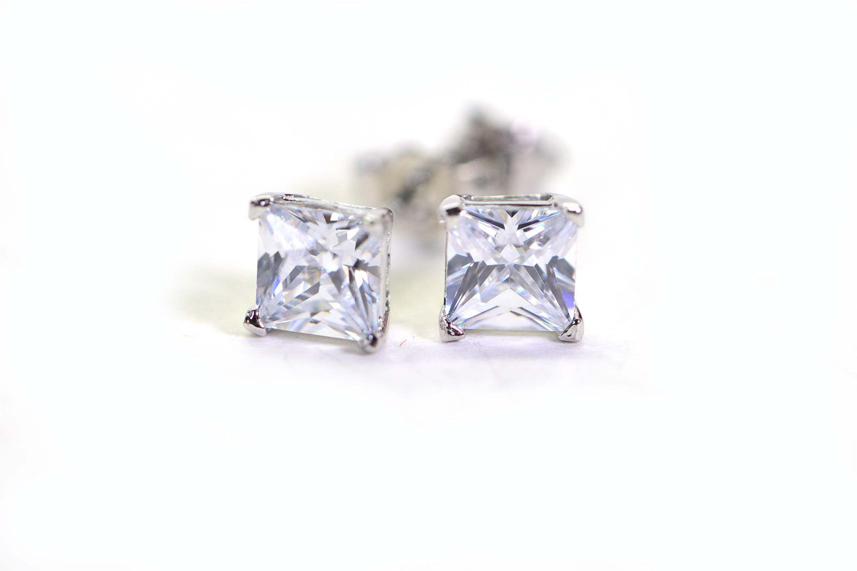 Princess Cut CZ Stud Earrings: Pink Topaz Color, Sterling Silver