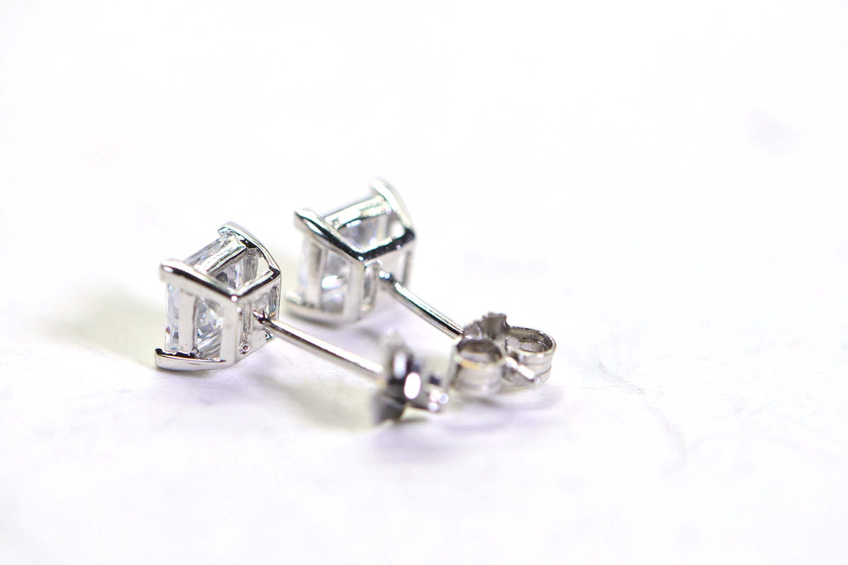 Princess Cut CZ Stud Earrings: Pink Topaz Color, Sterling Silver