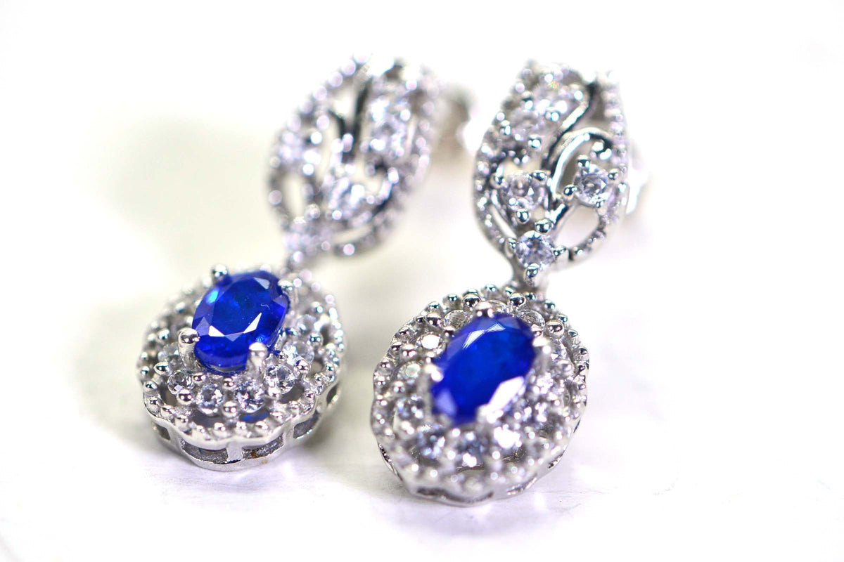 Blue Sapphire Dangle Earrings: 14K White Gold over Sterling Silver Filigree Halo