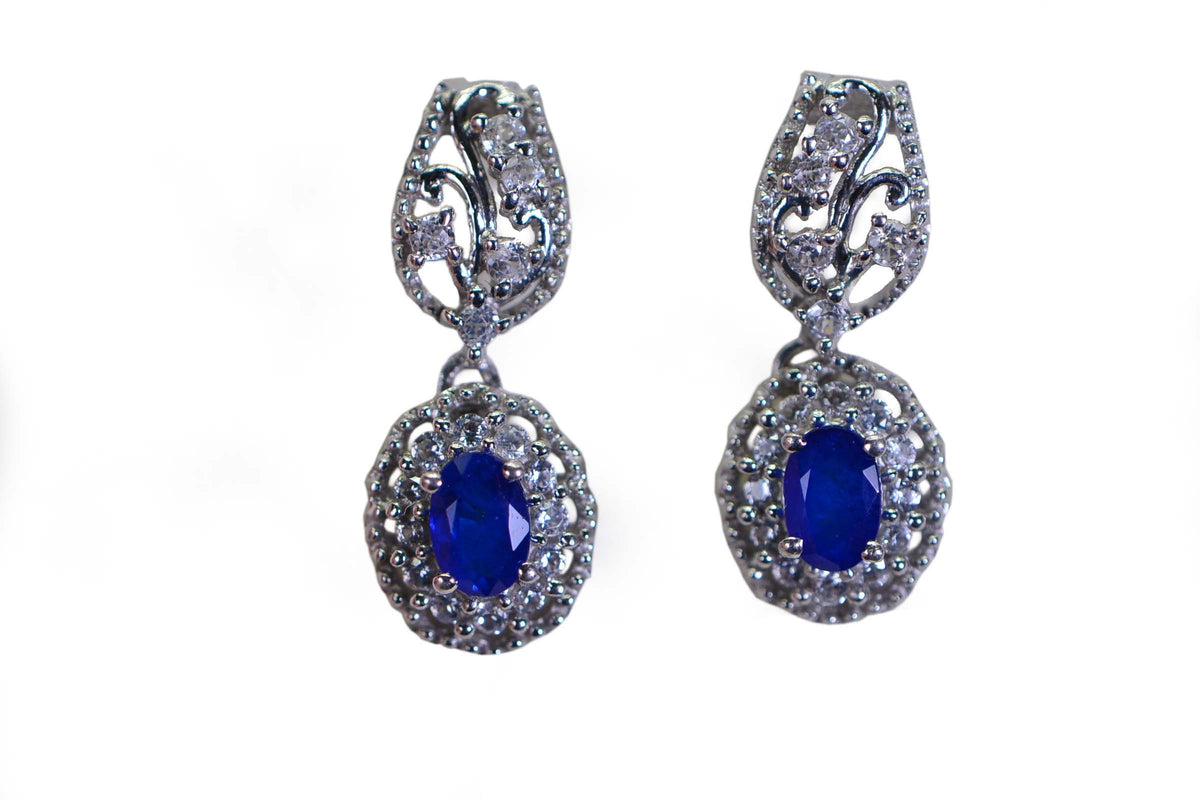 Blue Sapphire Dangle Earrings: 14K White Gold over Sterling Silver Filigree Halo