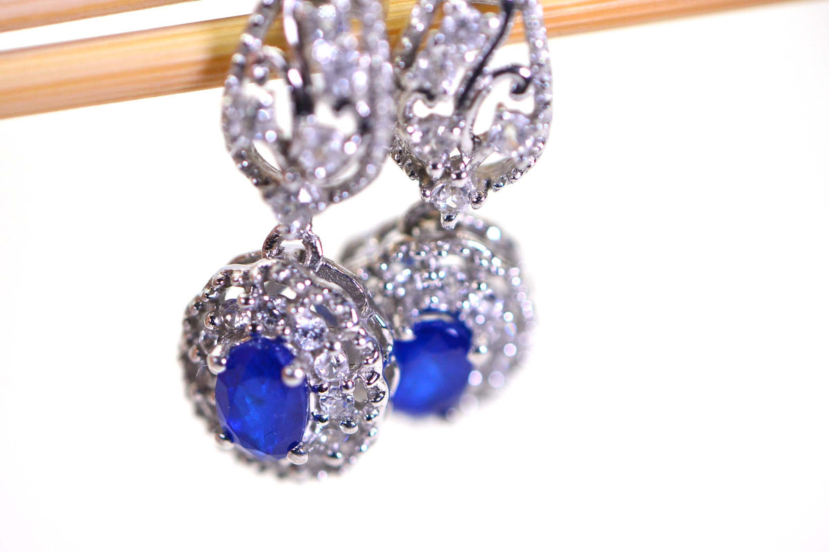 Blue Sapphire Dangle Earrings: 14K White Gold over Sterling Silver Filigree Halo