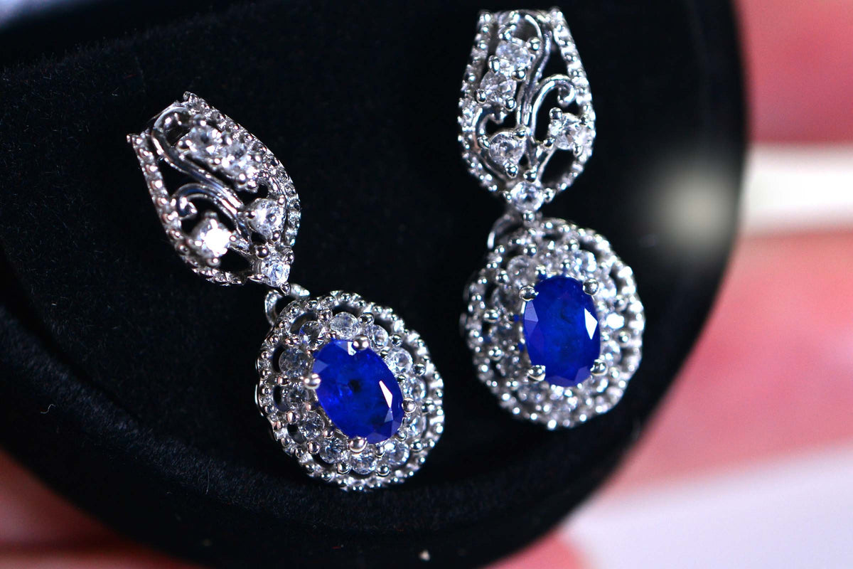 Blue Sapphire Dangle Earrings: 14K White Gold over Sterling Silver Filigree Halo