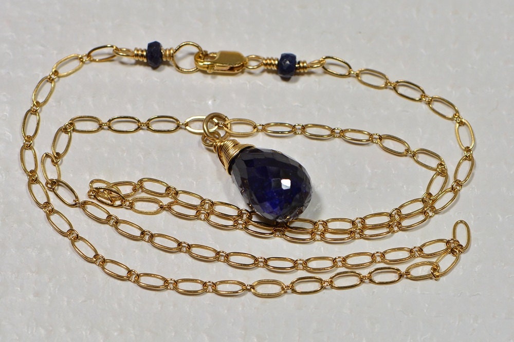 Natural Sapphire Simple Necklace Pendant 14 K Gold Filled Wire Birthstone Jewelry Gemstone Necklace